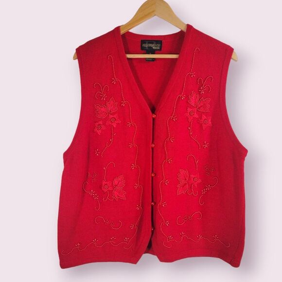 REQUIREMENTS Red Sleeveless Cardigan Size 1X Beaded Embroidered Sweater Vest - Picture 7 of 8